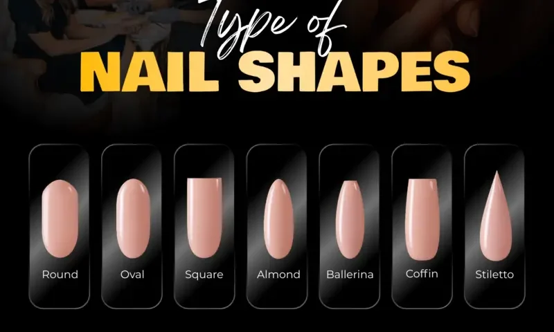 Illustration of round, oval, square, almond, ballerina, coffin, and stiletto nail shapes in a salon.