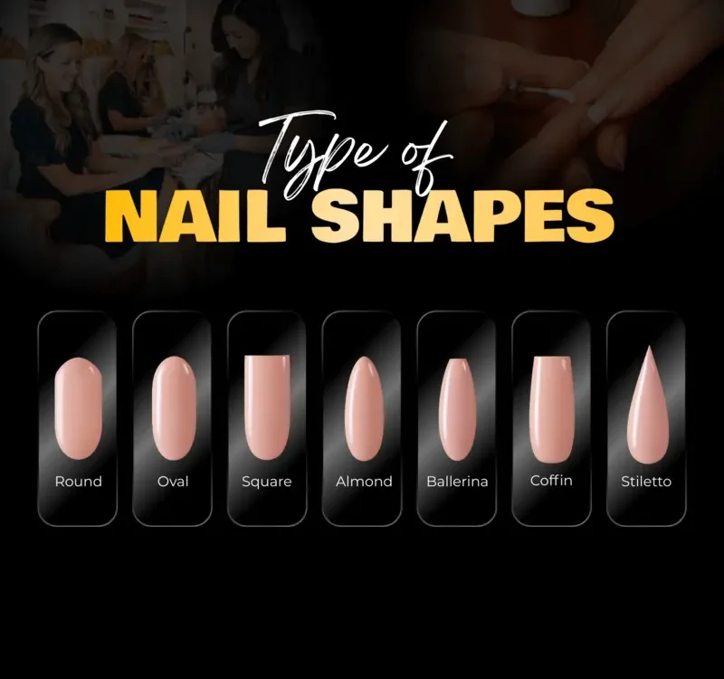 Illustration of round, oval, square, almond, ballerina, coffin, and stiletto nail shapes in a salon.
