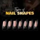 Illustration of round, oval, square, almond, ballerina, coffin, and stiletto nail shapes in a salon.