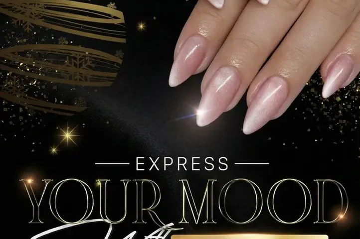 Glossy pink manicured nails with a gold sparkly background.