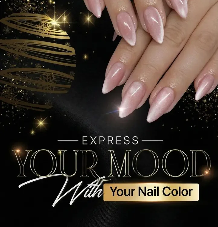 Glossy pink manicured nails with a gold sparkly background.