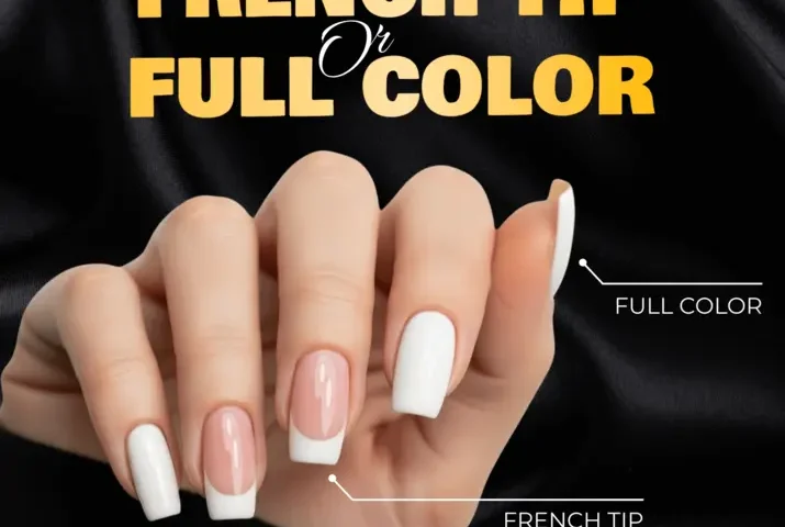 A hand with nails painted in French tip and full color styles, illustrating the differences.