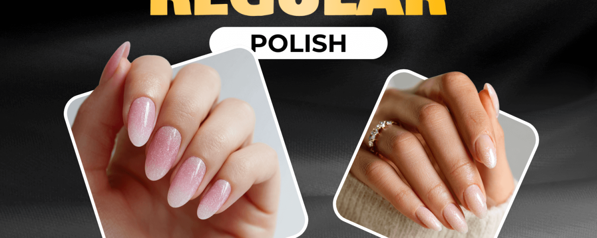 Comparison of gel and regular polish on two manicured hands.