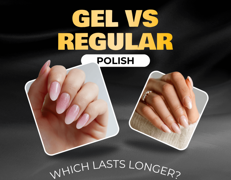 Comparison of gel and regular polish on two manicured hands.