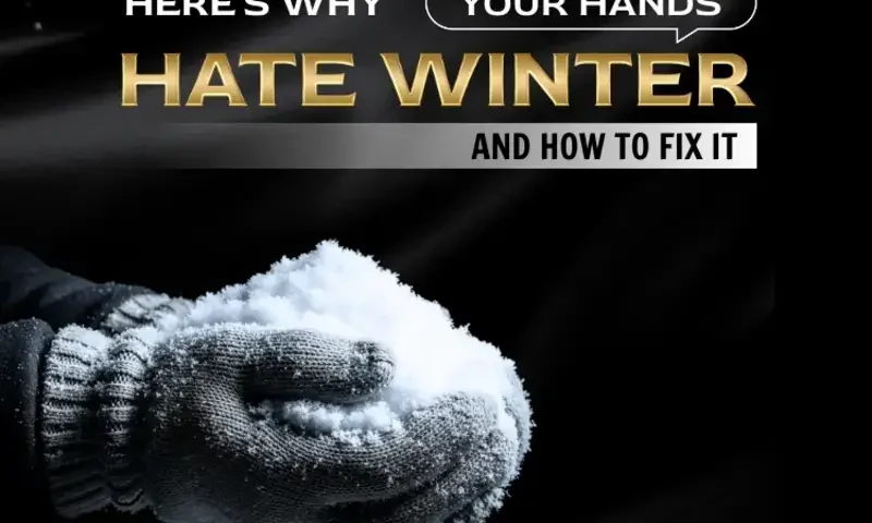 Gloved hands holding snow, focusing on winter hand care.