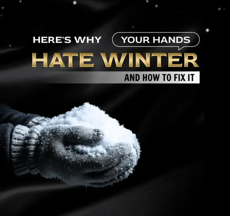 Gloved hands holding snow, focusing on winter hand care.