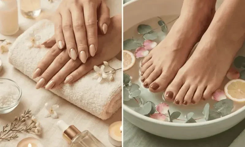 Comparison of manicure and pedicure with hands and feet care.