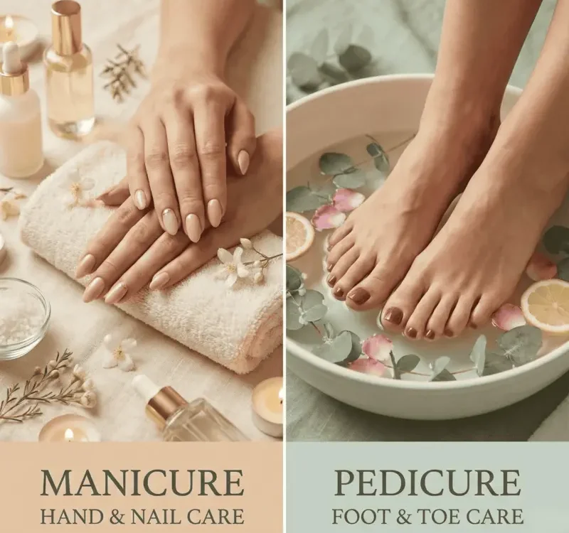 Comparison of manicure and pedicure with hands and feet care.