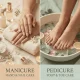 Comparison of manicure and pedicure with hands and feet care.