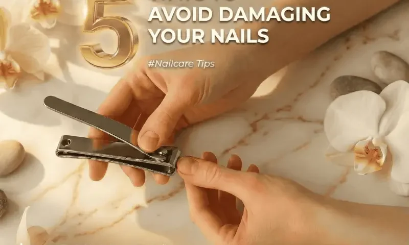 A person using a nail clipper surrounded by white orchids, promoting healthy nail care tips.