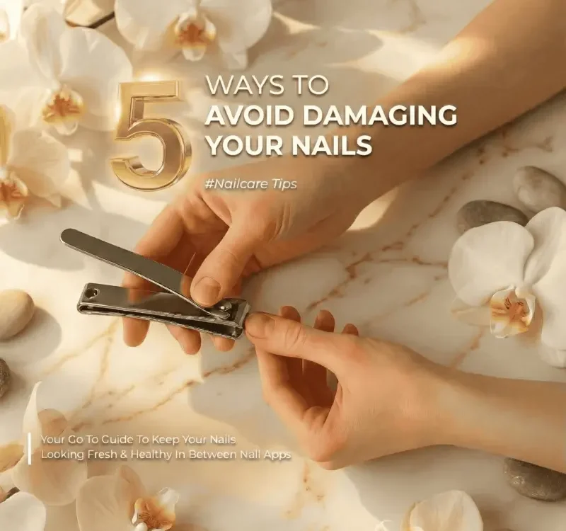 A person using a nail clipper surrounded by white orchids, promoting healthy nail care tips.