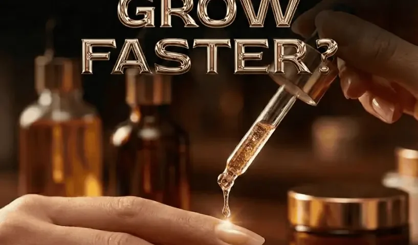 Hand applying serum to nails with bottles in the background.