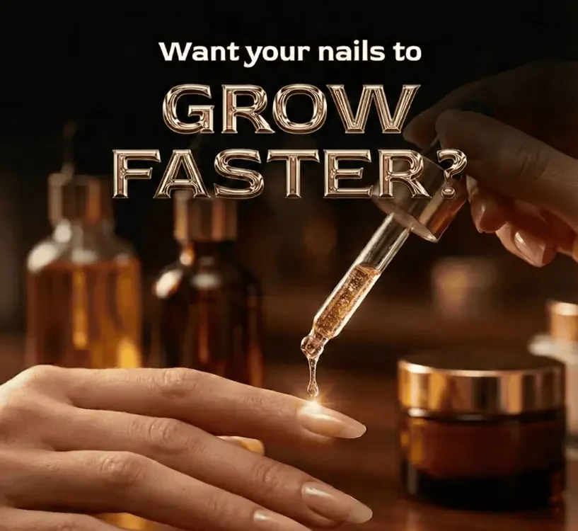 Hand applying serum to nails with bottles in the background.
